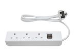 White power strip with three outlets and a power switch, connected to a UK plug.
