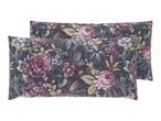 Two floral patterned pillows with dark background and pink, purple, and white flowers.