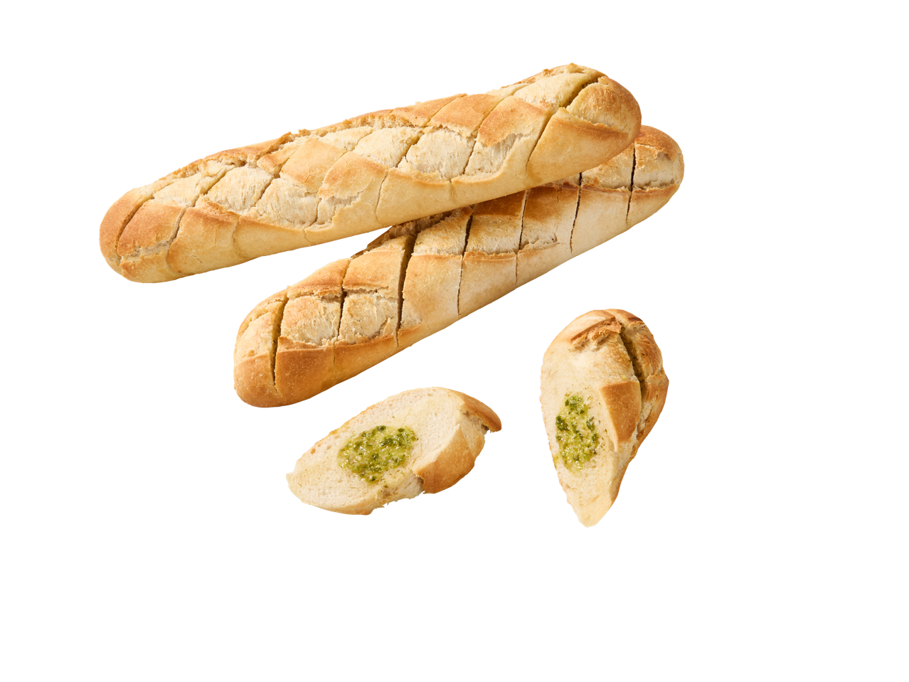 Dvi česnakinės bagetės, viena supjaustyta, kita su pesto įdaru.