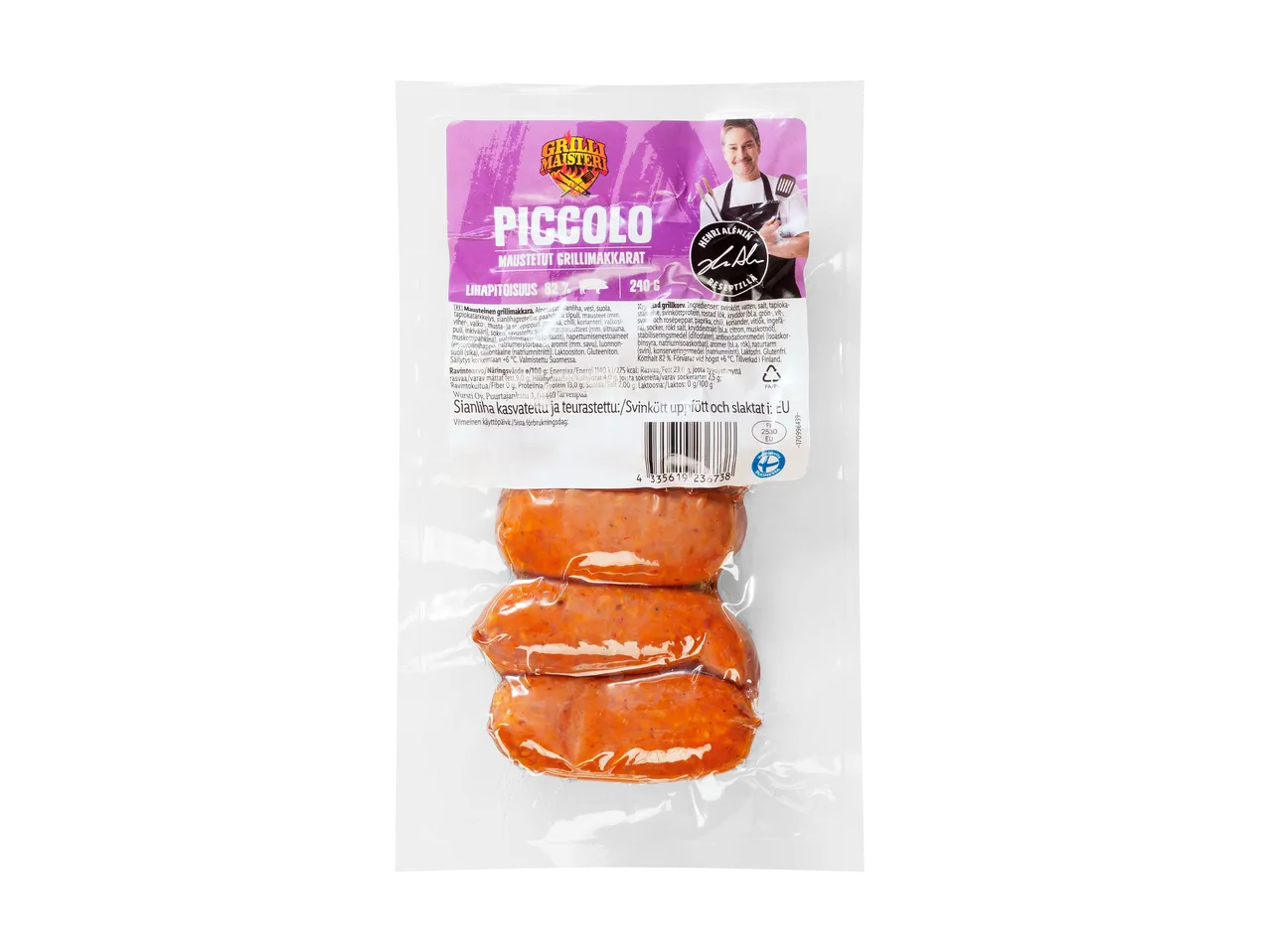 Maustettuja grillimakkaroita, lihapitoisuus 82%, 240 g, reseptillä.