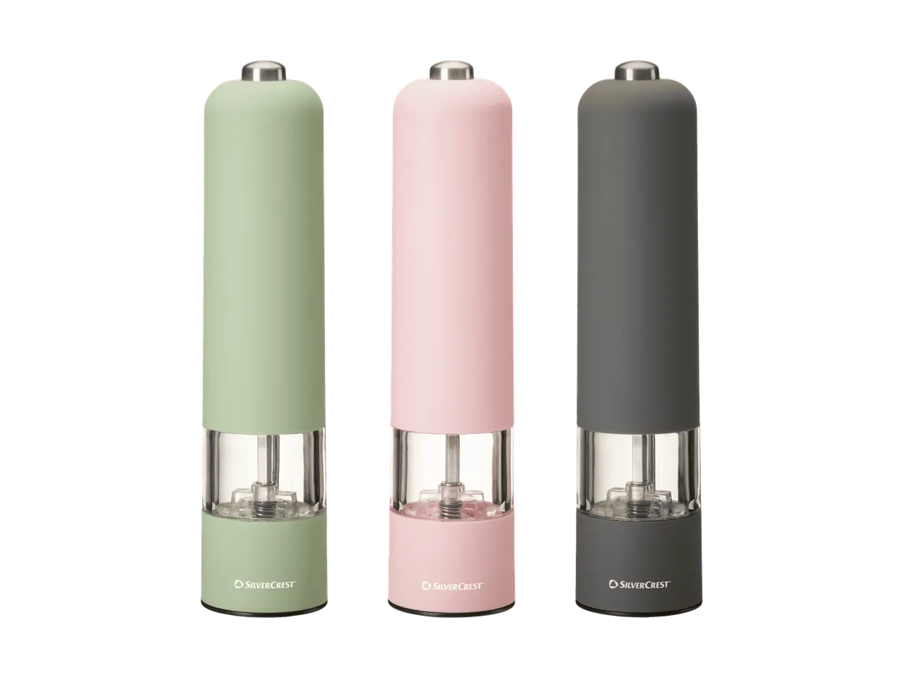 Drei elektrische SilverCrest Pfeffermühlen in Grün, Rosa und Grau.