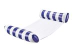 Blue and white striped inflatable pool hammock with a mesh bed