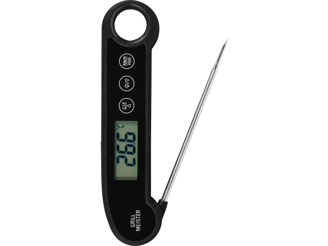 Schwarzes digitales Küchenthermometer mit Metallsonde und Anzeige von 366°.
