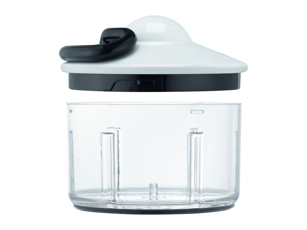Manual food chopper with a clear container and white lid with a black pull cord