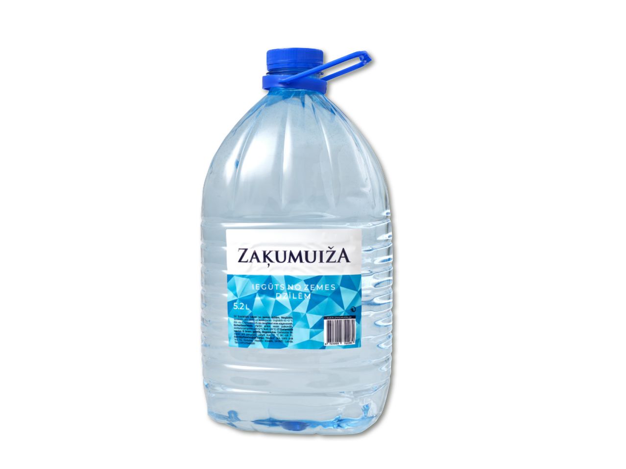5,2 litru Zakumuīza avota ūdens pudele ar zilu vāciņu.