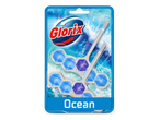 Verpakking met toiletblokjes in de geur Ocean, met blauwe en paarse zeshoekige blokjes.