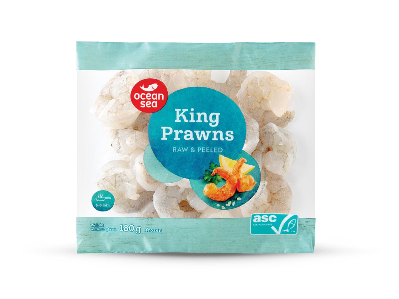 Pakiranje smrznutih, sirovih i oguljenih kraljevskih kozica marke Ocean Sea, težine 180 g.