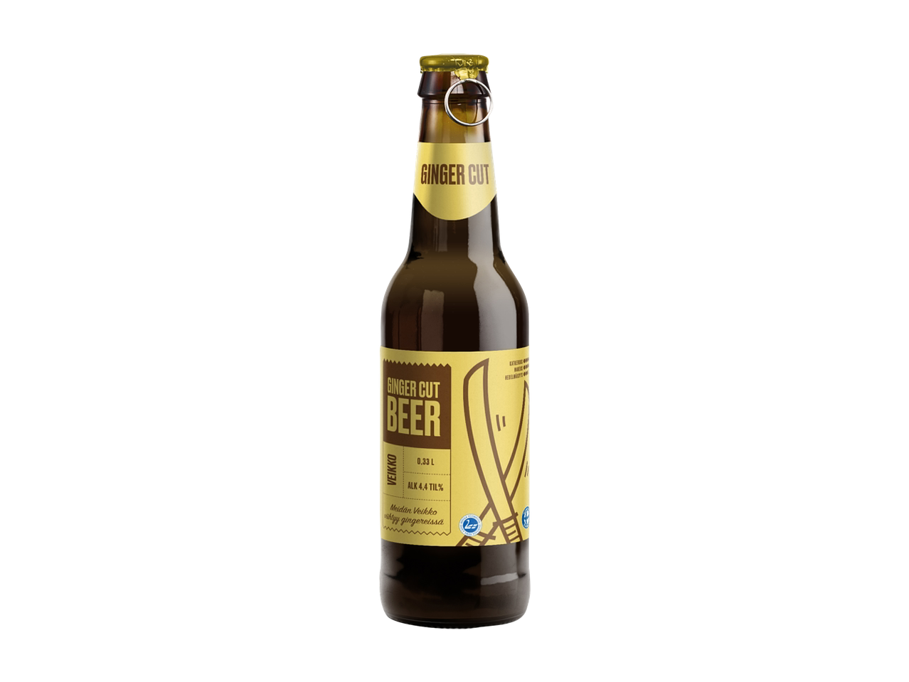 Ginger Cut -olutpullo, jossa on keltainen etiketti ja tekstiä.