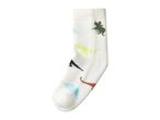 White children's sock with colorful dinosaur patterns