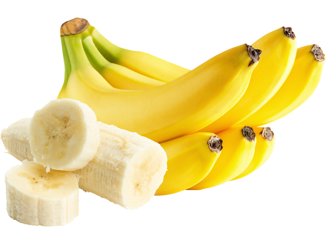 En bukett mogna bananer med några skivor.