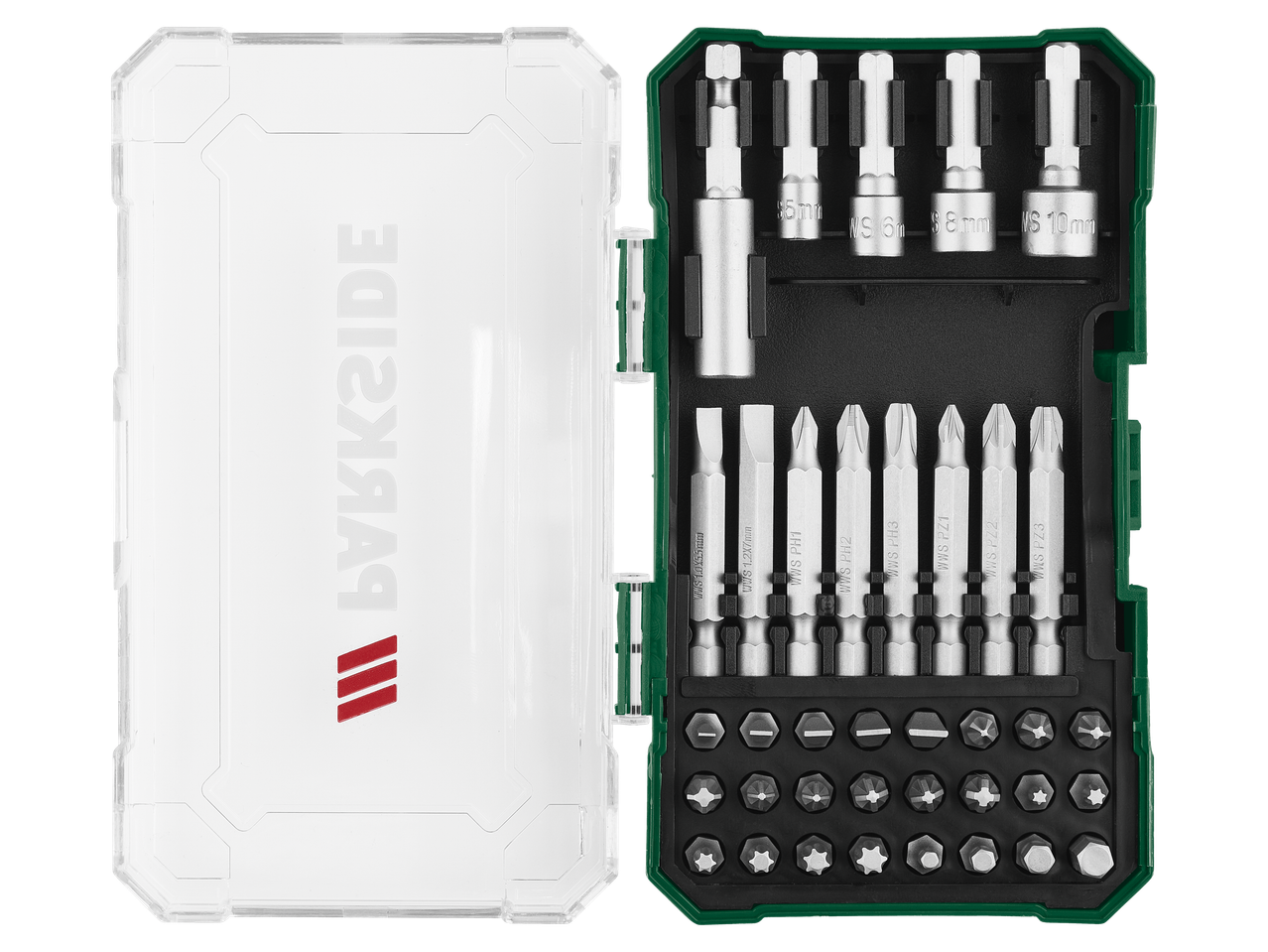 Σετ τρυπανιών και μυτών Parkside® με διάφορα εξαρτήματα σε ανοιχτή θήκη.
