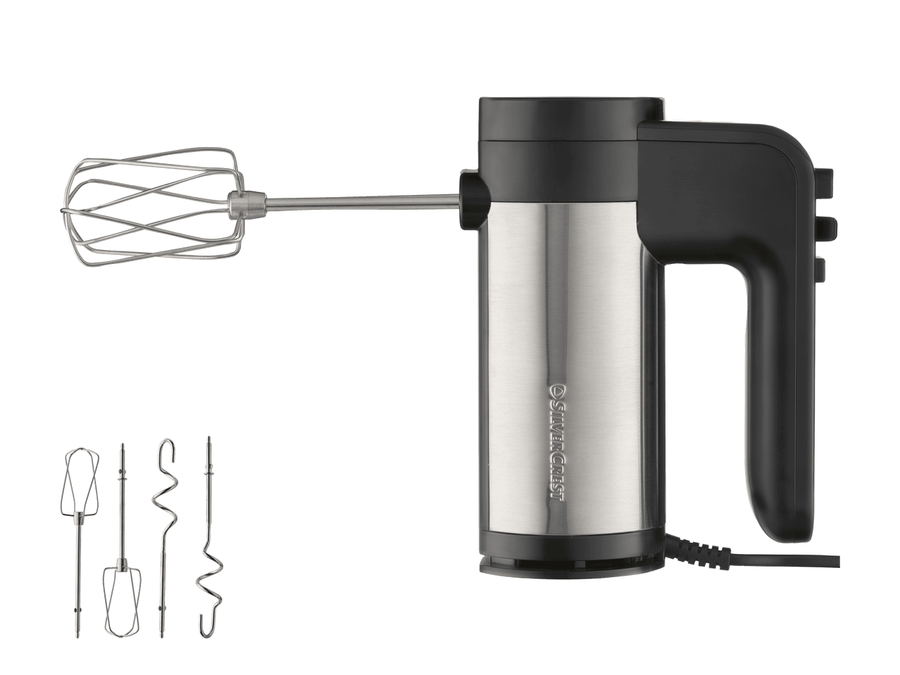 SilverCrest-sauvasekoitin, jossa on vispilä ja taikinakoukut.