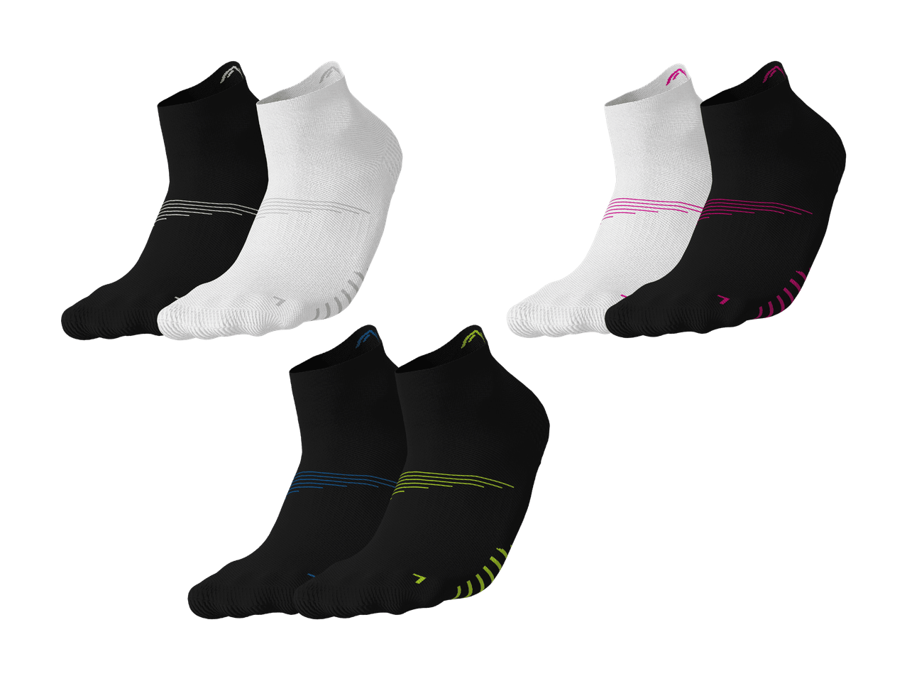 Drei Paare kurzer Sportsocken in Schwarz und Weiß mit farbigen Akzenten.
