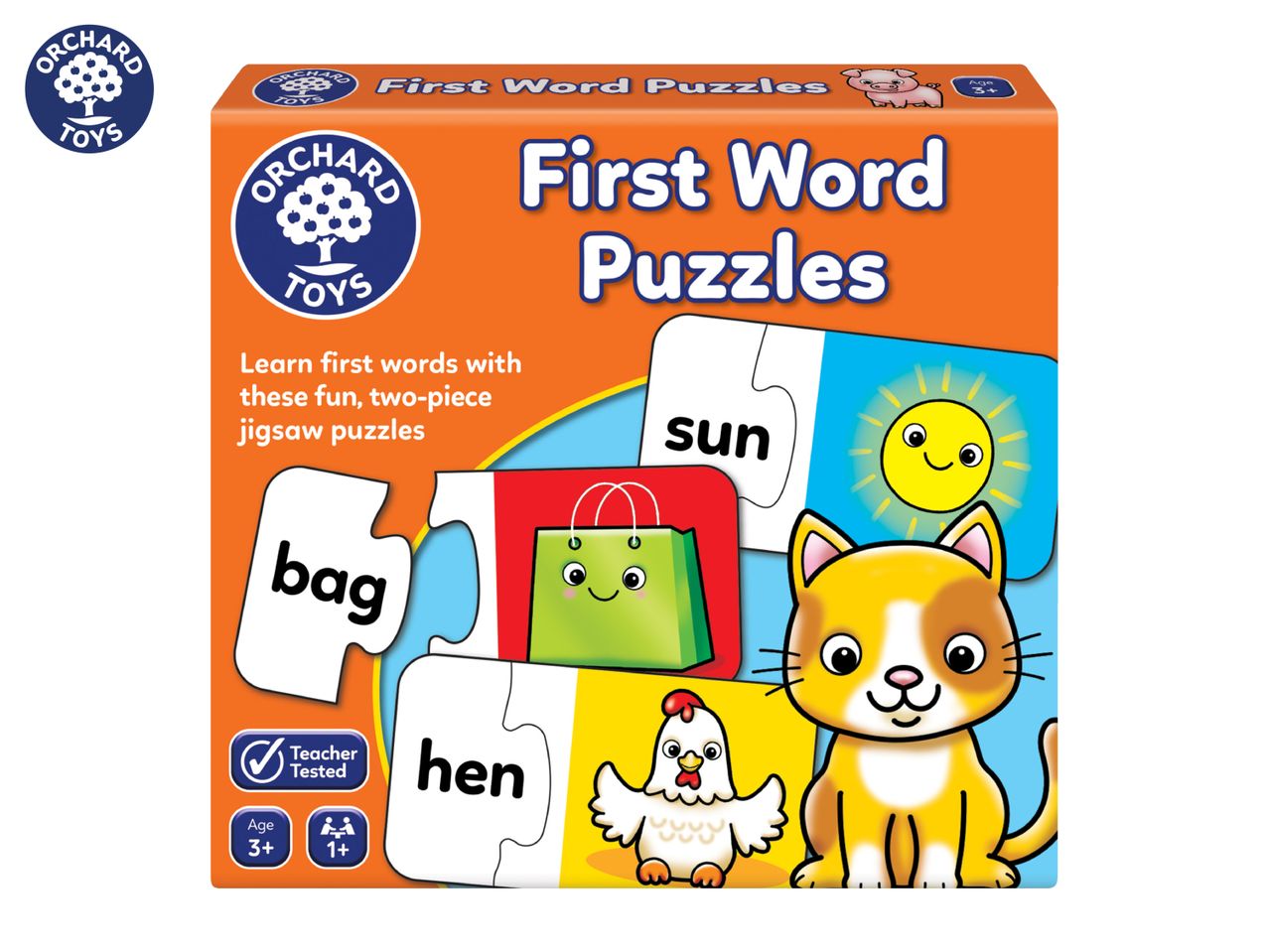 First Word Puzzles for ages 3+ with images of a sun, bag, hen, and cat.