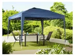 A dark-blue pop-up gazebo shelters a patio table and chairs in a garden setting.