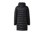 Back view of a black long puffer jacket with a hood