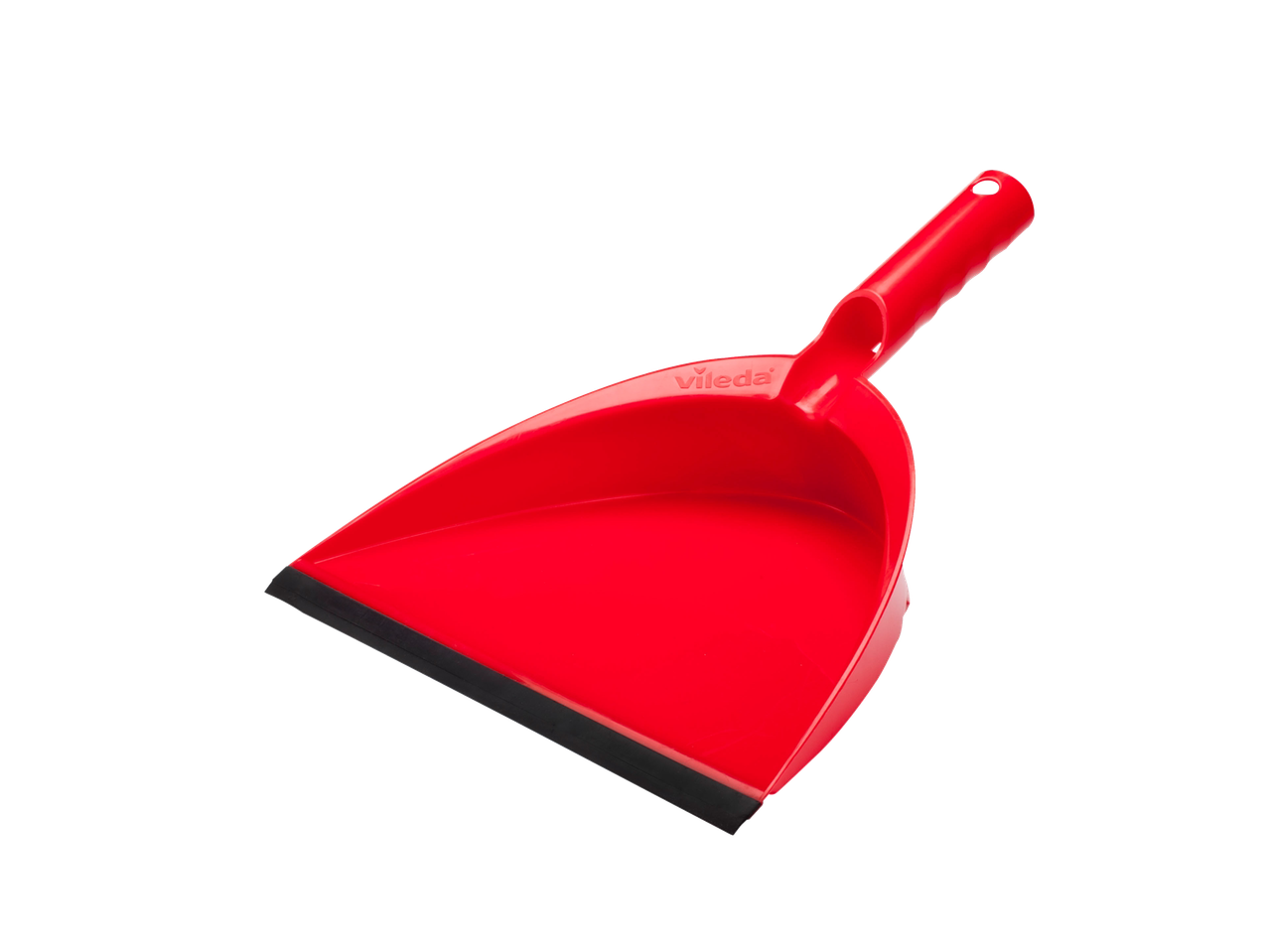 Uma pá de lixo vermelha Vileda com cabo ergonômico.