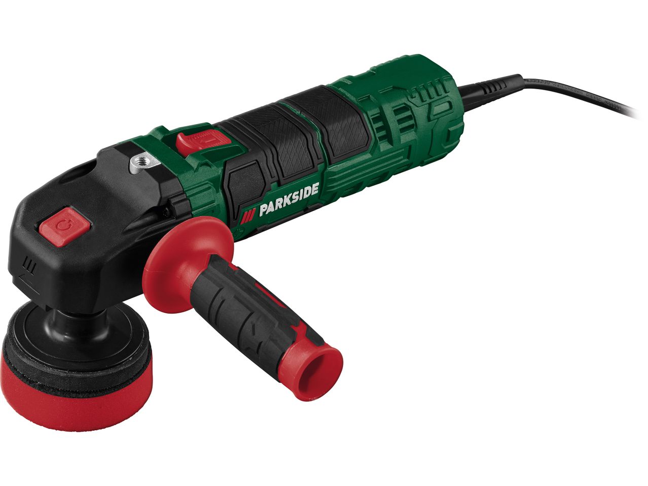 Green and black power tool with a red handle and polishing pad