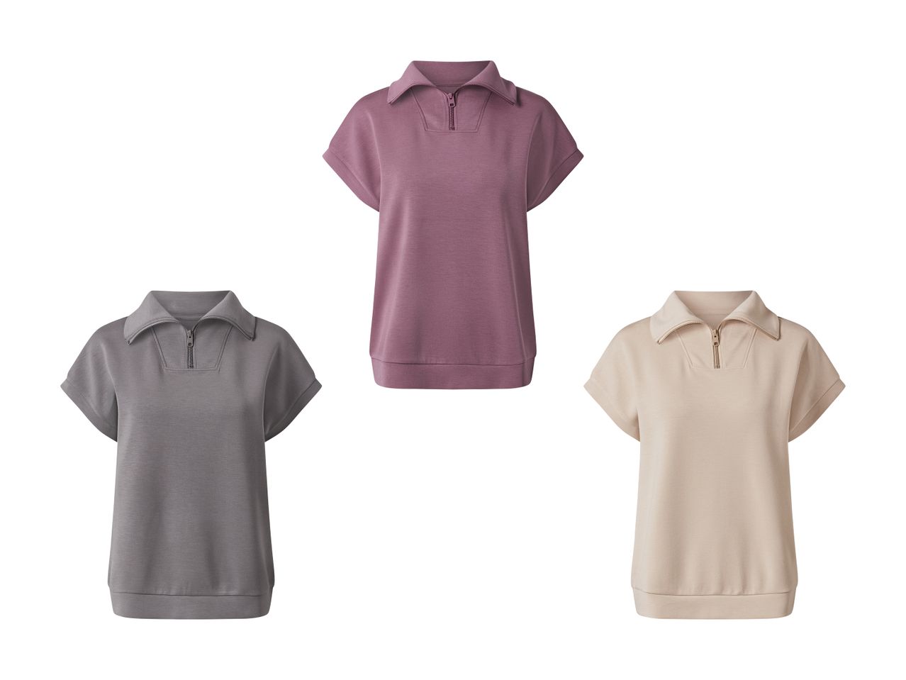 Tre korte ærmeløse sweatshirts i forskellige farver.