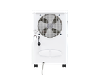 Fehér hordozható léghűtő hátulja ventilátorral és leeresztő tömlővel.