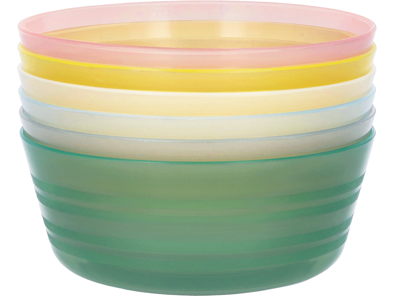 Stack of colorful plastic bowls in pink, yellow, cream, light blue, and green