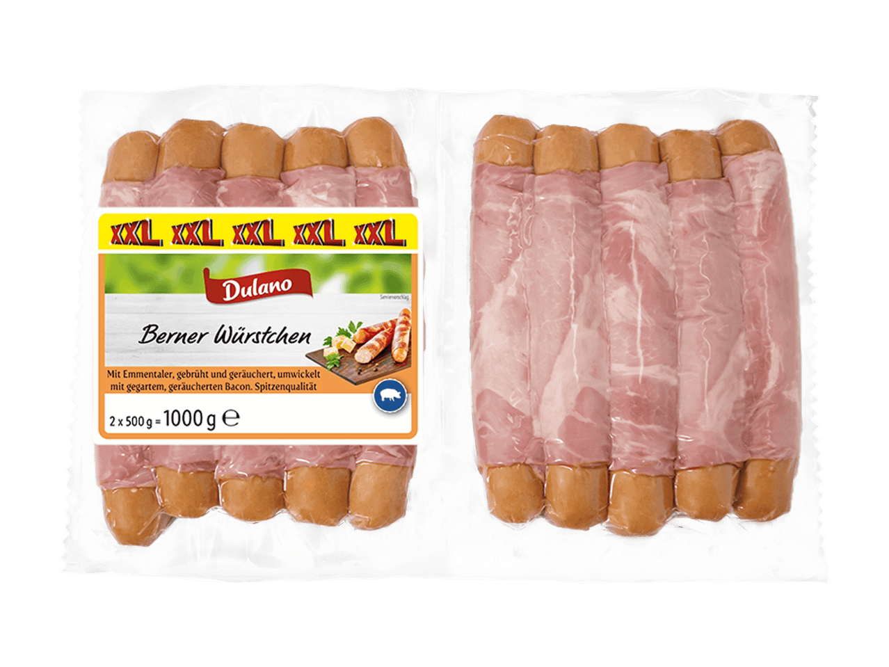 Zwei Packungen Berner Würstchen mit Speck umwickelt