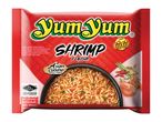 Instant shrimp noodles in a red package, featuring a bowl of noodles and fresh ingredients.
