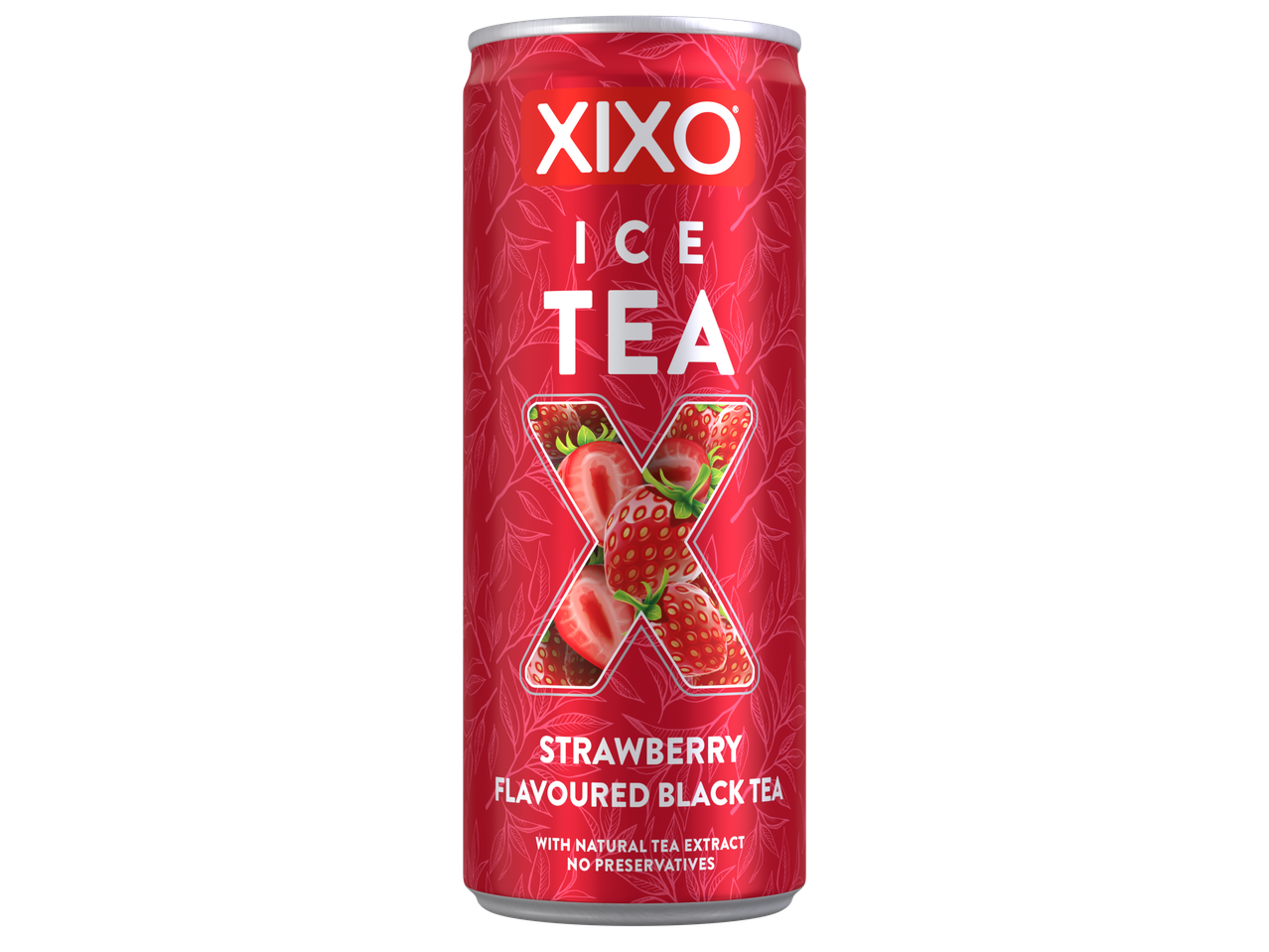 Червен кен студен чай с ягоди, с надпис „ICE TEA“ и „STRAWBERRY FLAVOURED BLACK TEA“.