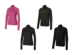 Vier langärmelige Sportoberteile in Pink, Dunkelgrün und Schwarz.