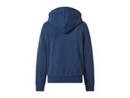 Back view of a plain navy blue hooded sweatshirt with ribbed cuffs and hem.