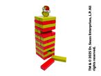 Grinch-themed Jenga tower with red and green blocks, and a Grinch topper.