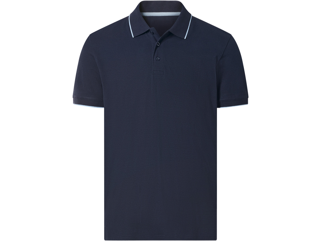 Sötétkék férfi galléros póló világoskék csíkos gallérral és ujjakkal.