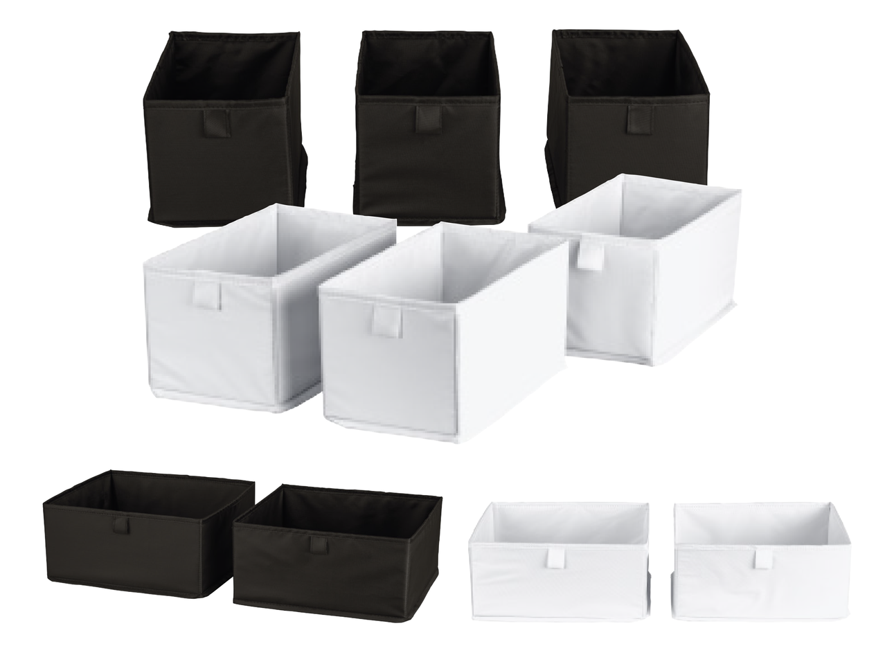 Crne i bijele sklopive kutije za pohranu u različitim veličinama