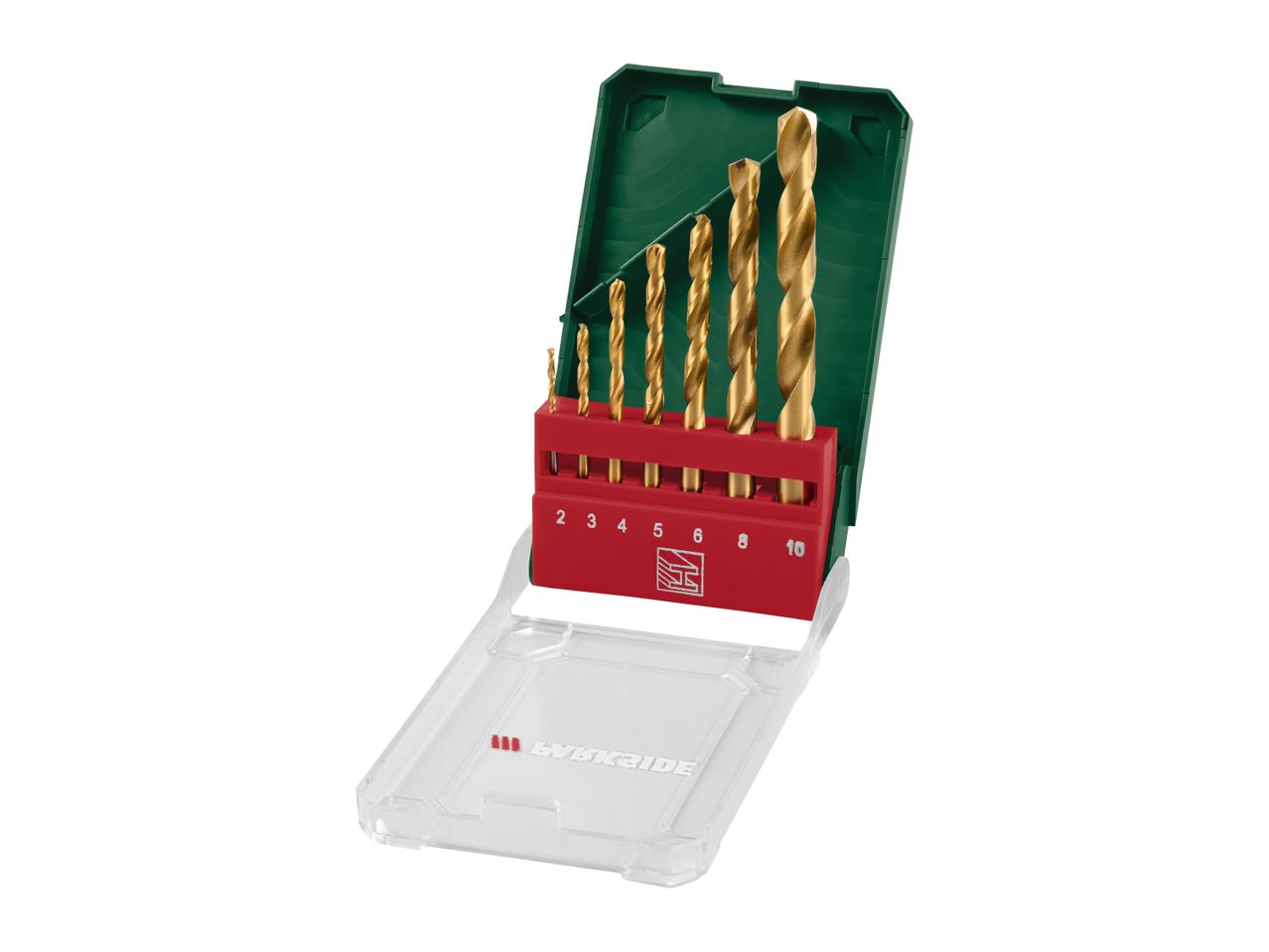 A set of golden drill bits in a red and green case with a clear lid.