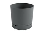 A dark gray cylindrical smart planter with a small hole near the bottom.