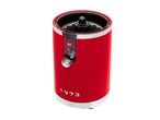 Red and silver juicer with a clear spout and '1973' embossed on the side.