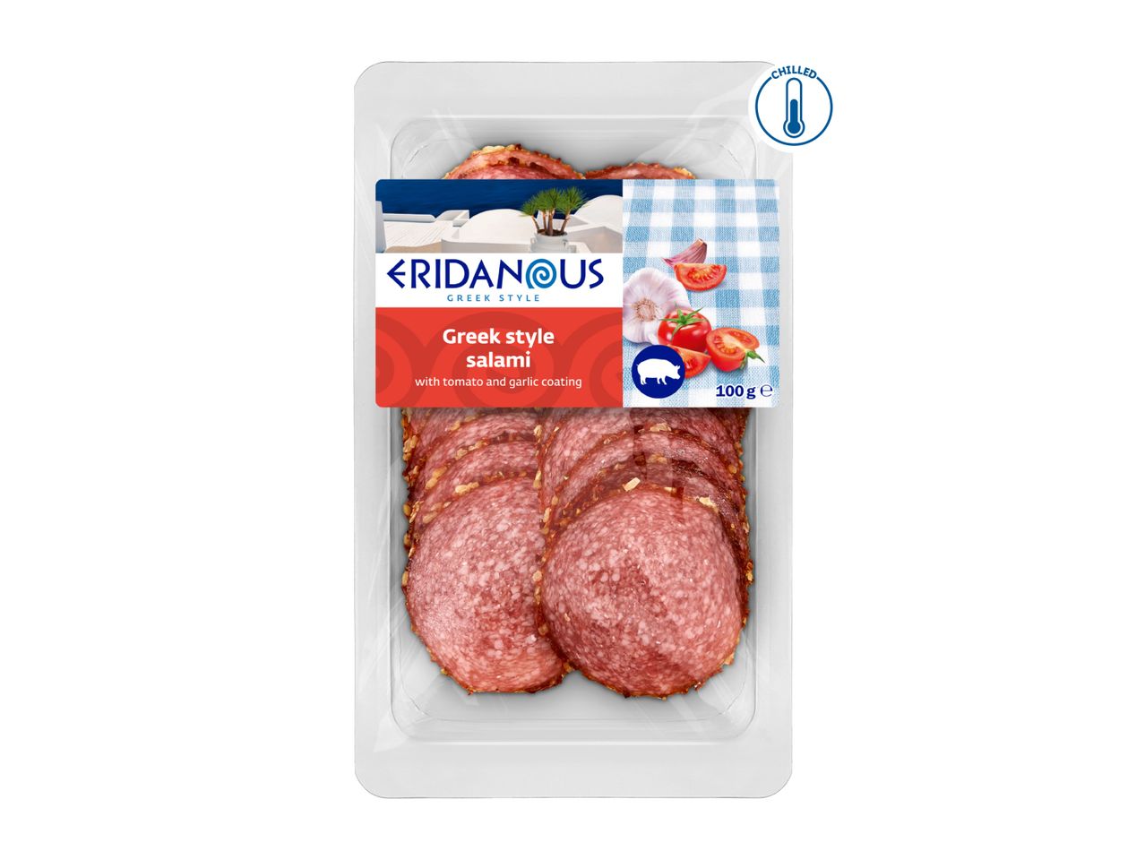 Greek style salami with tomato and garlic coating, 100g, chilled.