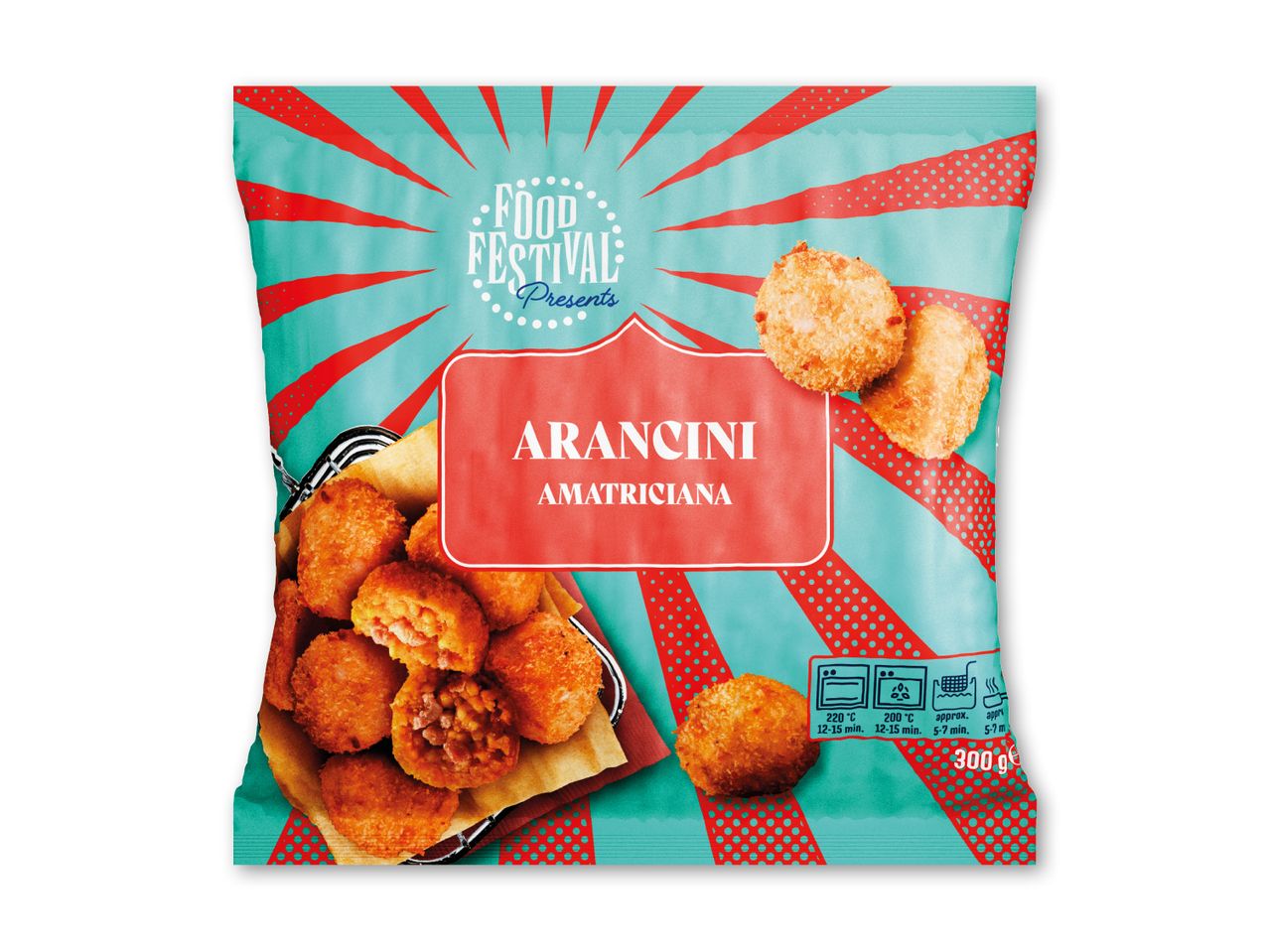 Pose med arancini amatriciana, der viser tilberedningsinstruktioner og vægt på 300g.