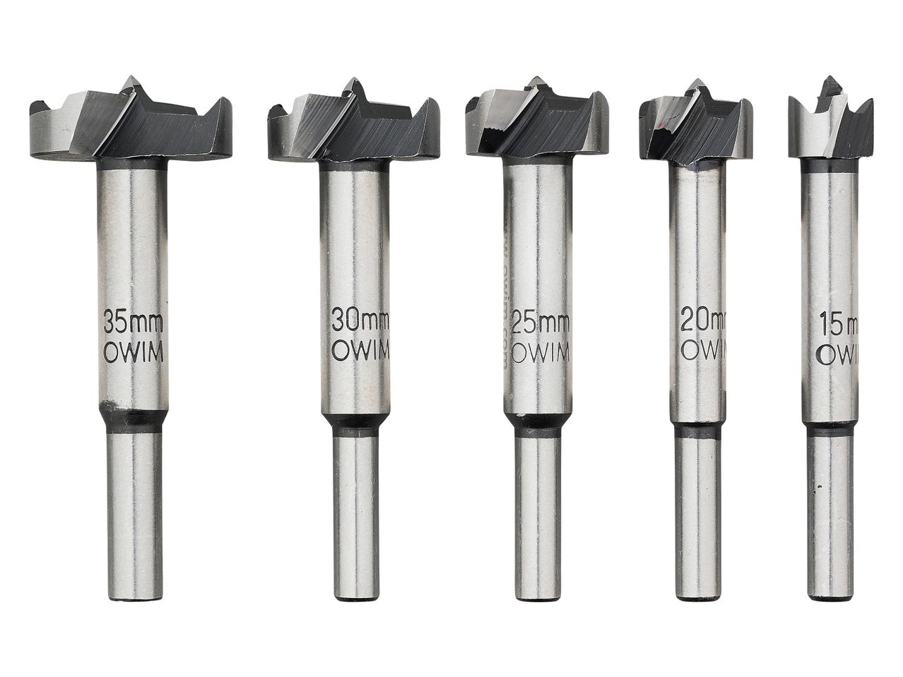 Öt fúrófej készlete, különböző méretekben: 35mm, 30mm, 25mm, 20mm és 15mm.