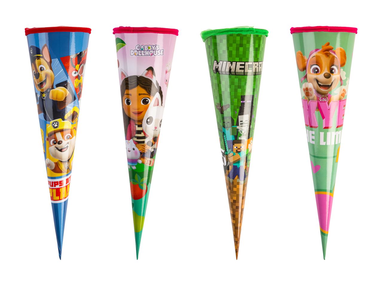 Vier Eiswaffeln für Kinder mit lustigen Comicfiguren.