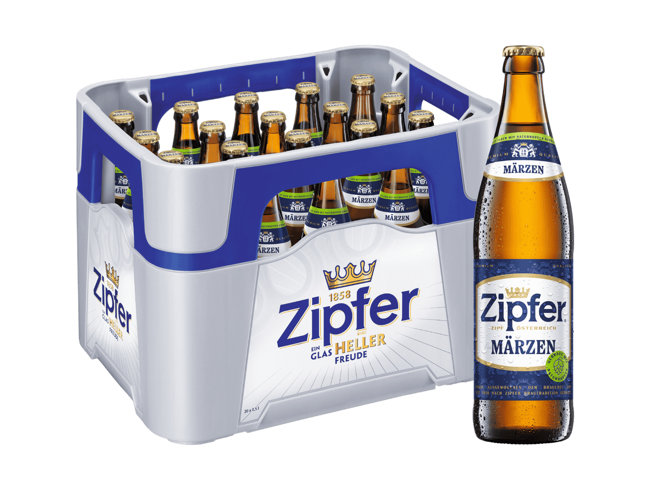 Zipfer Märzen Bierkasten mit einer einzelnen Flasche daneben