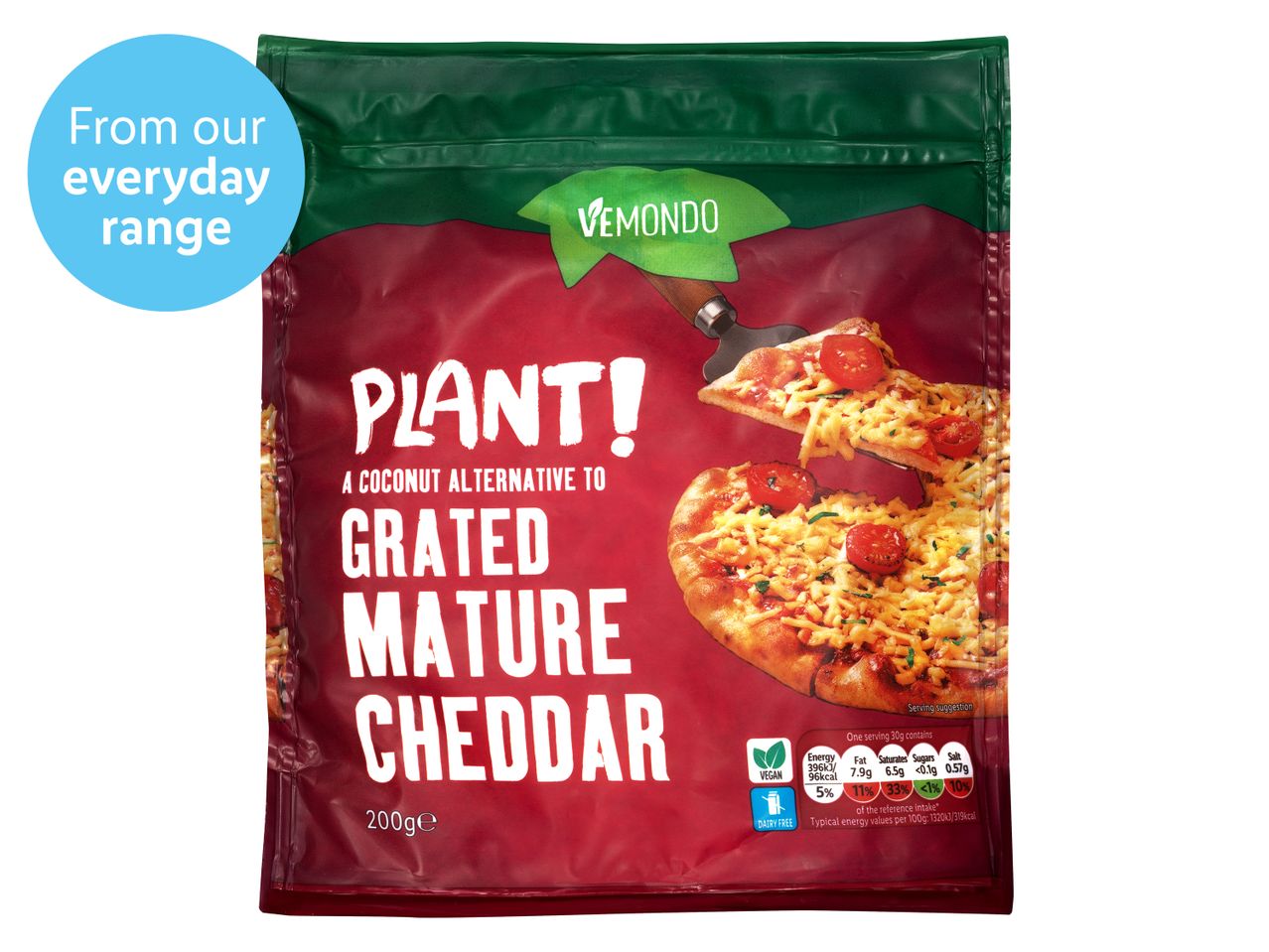 Vegan VEMUNDO grated mature cheddar, a coconut alternative.