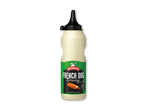 En flaske fransk hotdogdressing med et billede af en hotdog og teksten '50% BIO PLAST'.