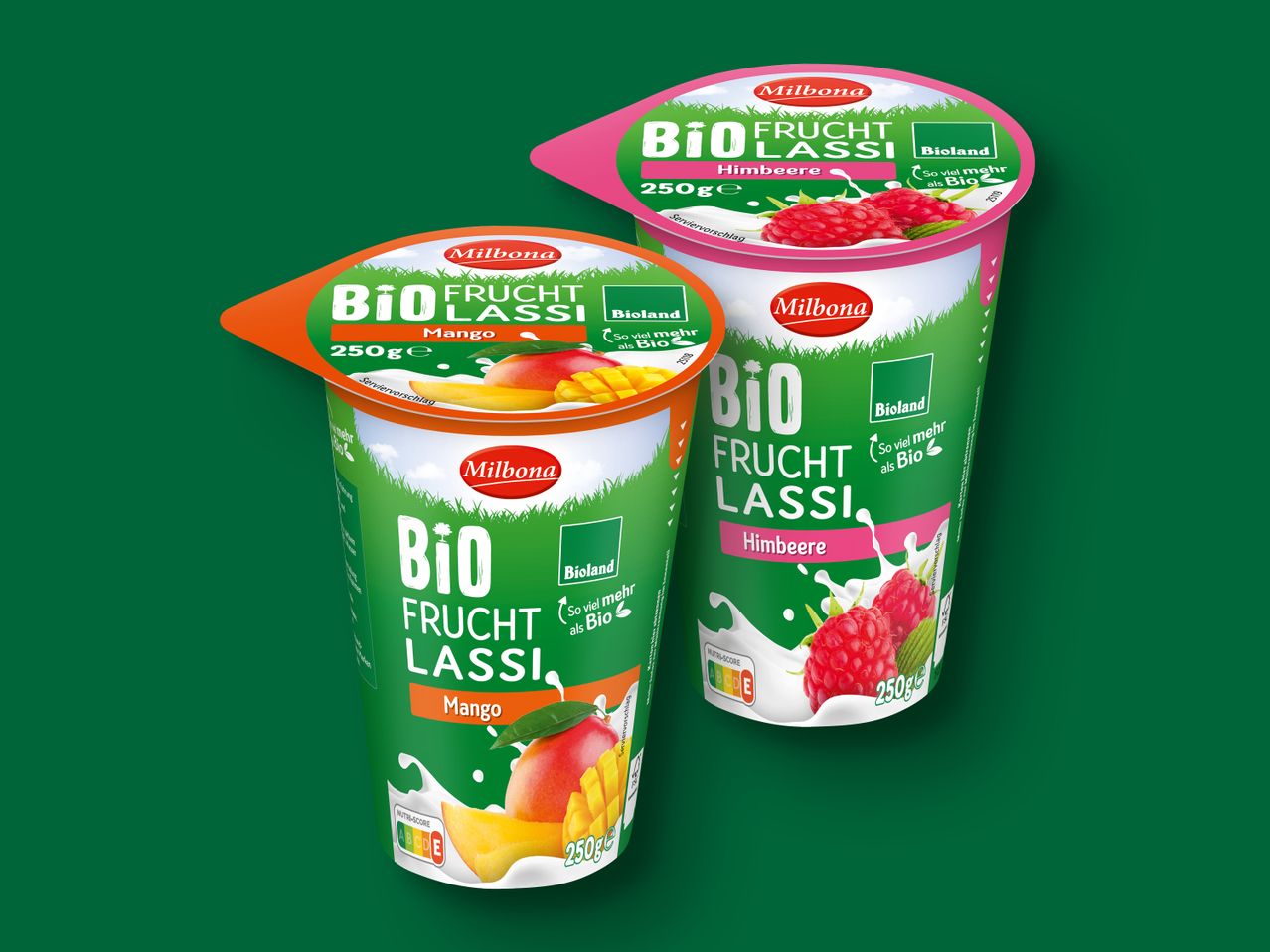 Milbona Bio Frucht Lassi in Mango und Himbeer.