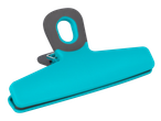 A teal and gray bag clip with a handle