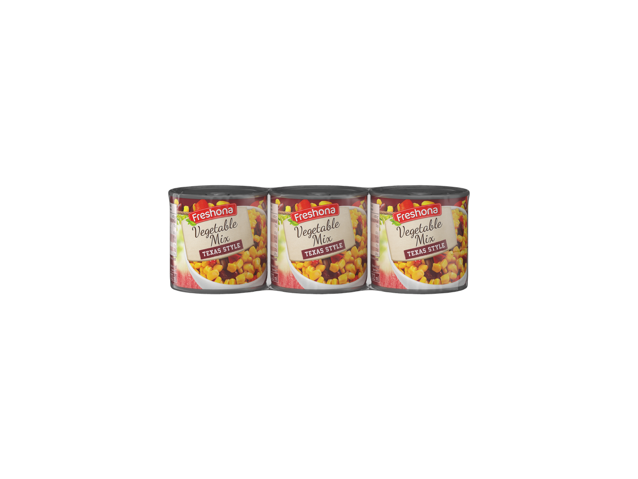 Trei conserve de amestec de legume Freshoma, stil Texas.