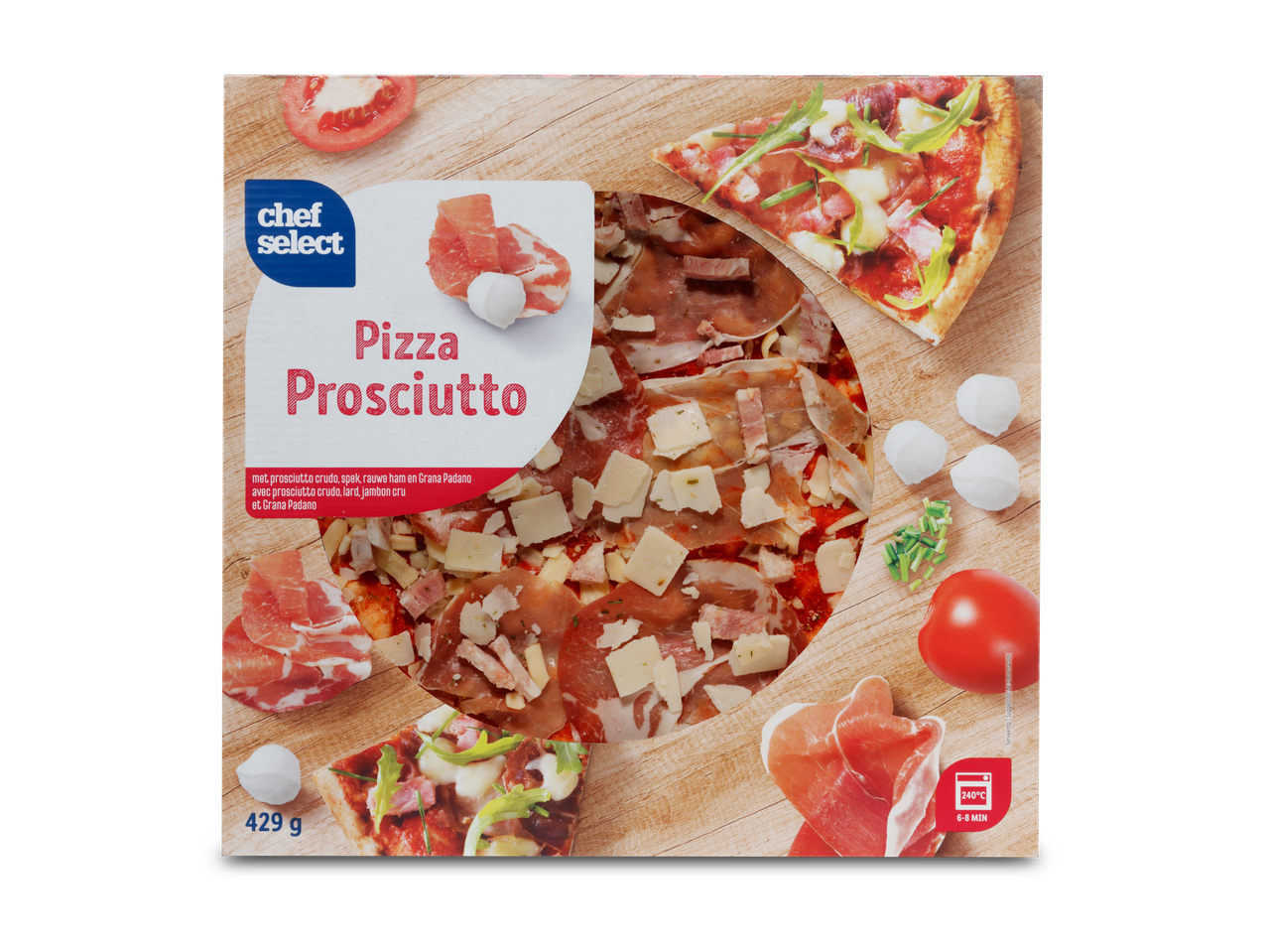 Chef Select Prosciutto pizza: prosciutto, kaas en tomaat.