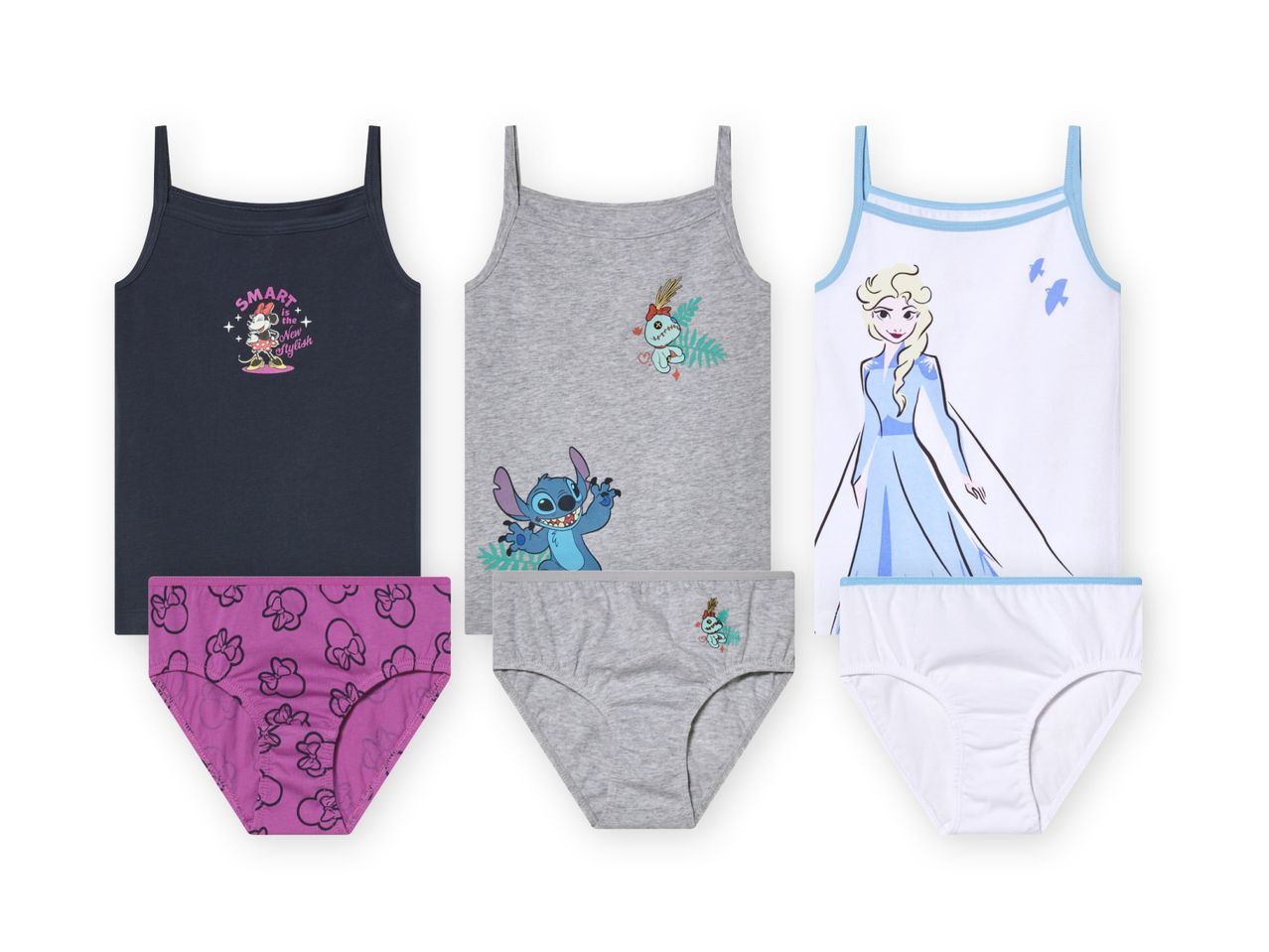 Trys mergaičių apatinio trikotažo komplektai su 'Disney' personažais: Minnie Mouse, Stitch ir Elsa.