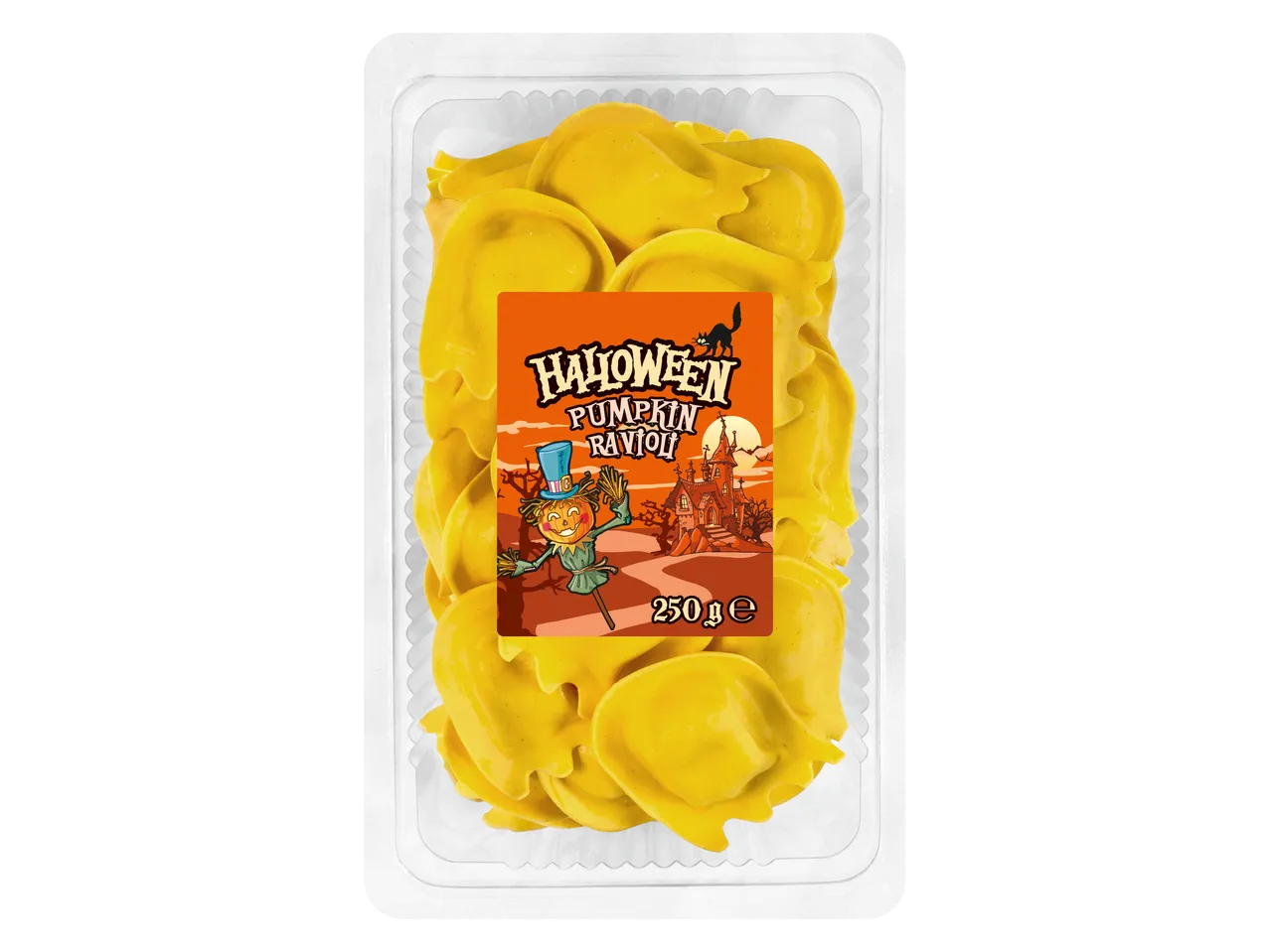 Helovino moliūgų ravioliai skaidriame plastikiniame padėkle, 250g.
