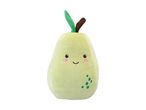 A light green pear-shaped plush toy with a smiling face, pink cheeks, and a green leaf and brown stem.